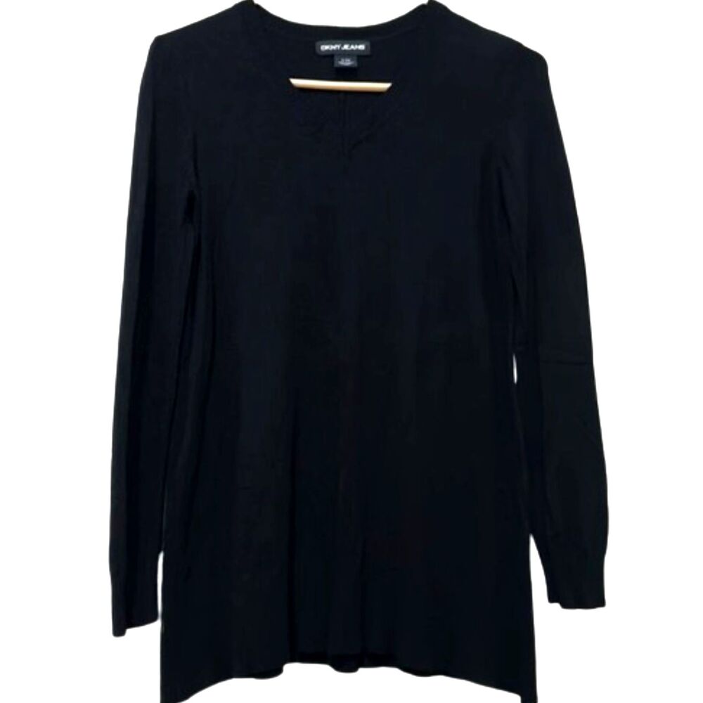 DKNY Donna Karen Tunic Sweater Womens Small V Neck Stretch Knit Minimalist Black